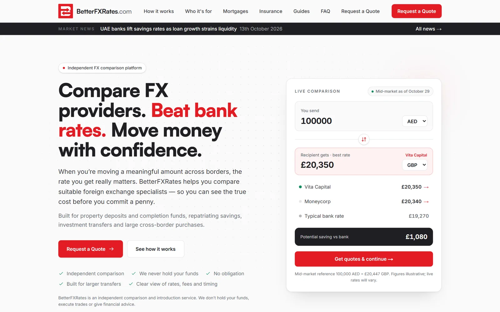 BetterFXRates homepage with a comparison widget showing an AED to GBP transfer against a typical bank rate