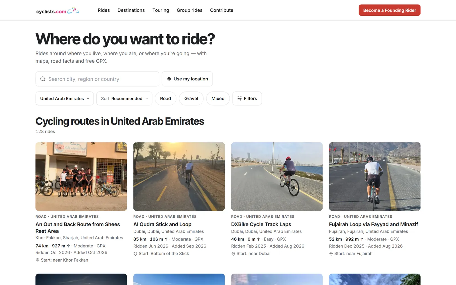 Route discovery page listing cycling routes in the United Arab Emirates with filters