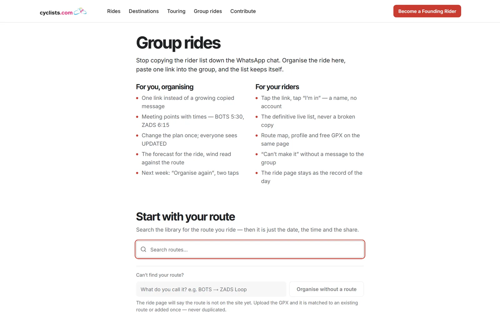 Group ride organiser page explaining how one shared link replaces a WhatsApp list