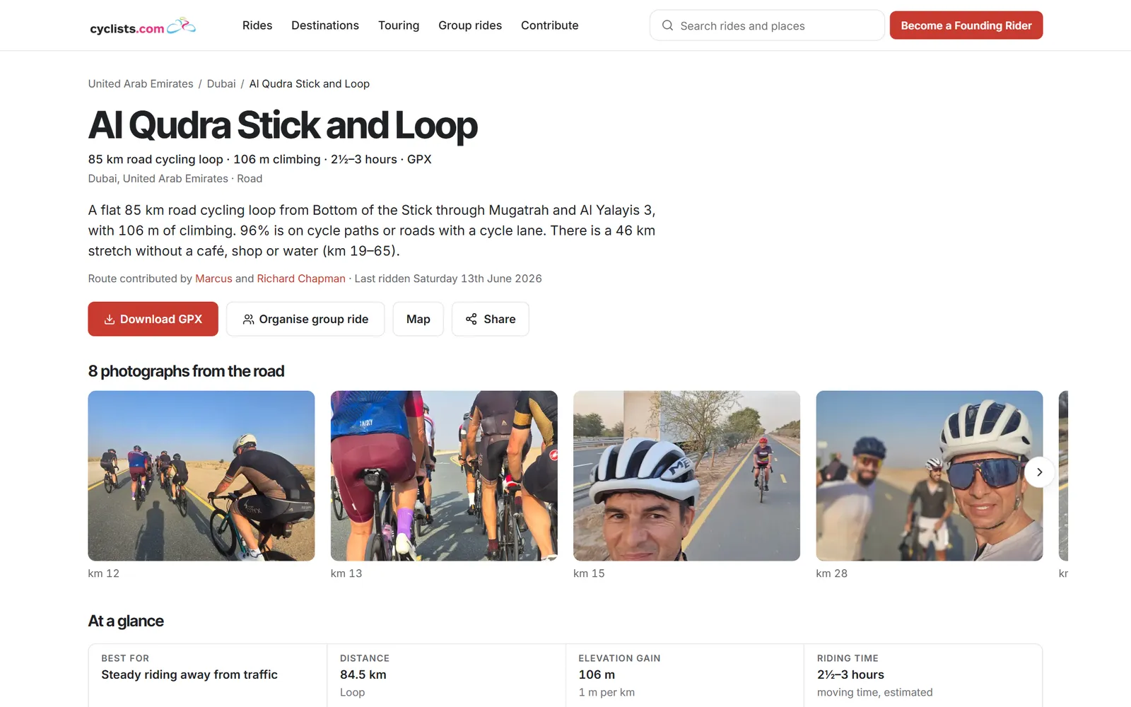 Route page for the Al Qudra loop in Dubai showing distance, climbing, photos and a GPX download button