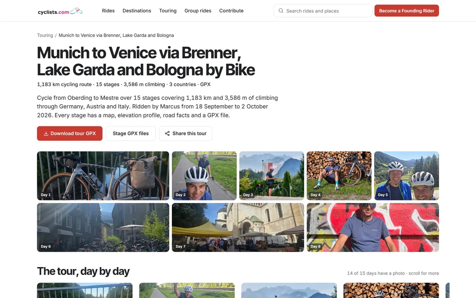Munich to Venice cycle tour page with stage GPX files and day by day photographs