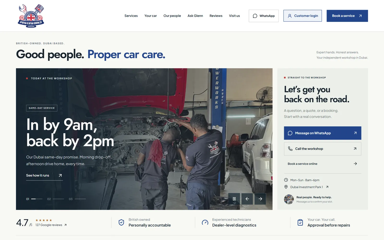Powerworks Garage homepage showing a technician at work and the same day service promise