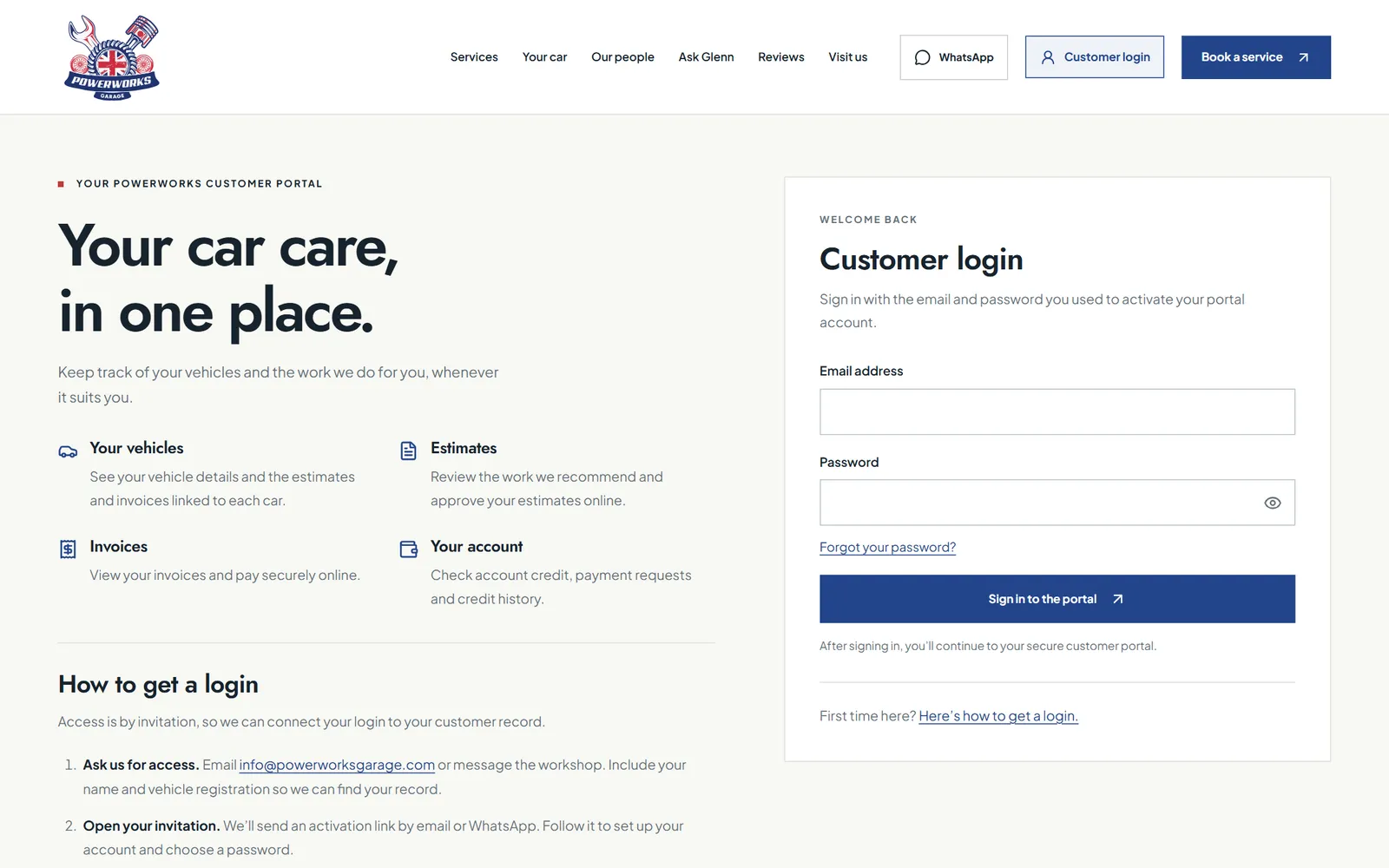 Powerworks customer portal sign in page listing vehicles, estimates, invoices and account