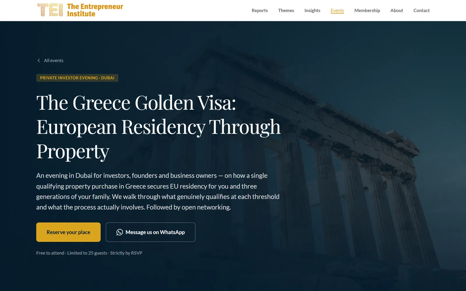 Event page for a private investor evening in Dubai on the Greece Golden Visa