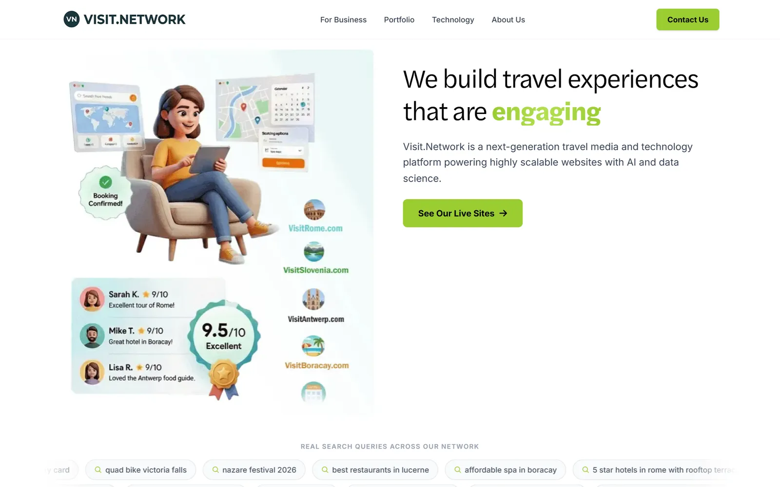 The visit.network homepage, introducing the network with Visit Rome, Visit Slovenia, Visit Antwerp and Visit Boracay